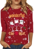 Womens Christmas Shirts 3/4 Sleeve Tops Xmas Holiday Cotton Crewneck Three Quarter Sleeve Holiday Tunic Blouse