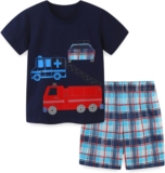 Summer Boys’ Suits For Children’s Casual Short Sleeved Suits Fire Truck Pattern Knitted Cotton Bow Ties