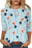 3/4 Length Sleeve Womens Tops Round Neck Cute Tunic Vintage Boho Floral Print T Shirt Loose Basic Tees Blouses