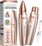 Eyebrow Facial Trimmer: 2 in1 Rechargeable Facial Hair Removal and Eyebrow Shaver – Face Lips Body Painless Facial Razor with Built-in LED Light (Rose Gold)