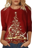 Christmas Shirts for Women 2024 Funny Xmas Tree Print 3/4 Sleeve Tops Blouses Crewneck Pullover Blouse Cotton Tunic