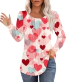 Valentine Blouses for Women Plus Size Long Sleeve Tops Heart Print Pleated Crew Neck Tunic Shirts Loose Blouses T-Shirts