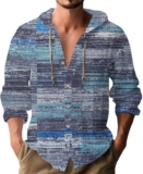 Mens Long Sleeve Shirt,Mens Long Sleeve Linen Shirts Hooded V Neck Button Up Hoodies Vacation Hawaiian Beach Hippie Shirts