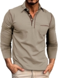 Mens Dress Shirts,Mens Long Sleeve Polo Shirts Flip Collar Golf Tops Button Solid Color T Shirts Casual Cotton Tees
