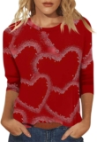 Valentines Day Shirts for Women 2025 Love Heart Print 3/4 Sleeve Crewneck Pullover Graphic Cotton Loose Casual