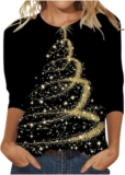 Christmas Shirts for Women Xmas Crewneck Tunic Blouse 3/4 Sleeve Cotton Crewneck Pullover Blouse Gifts Tunic Tshirt