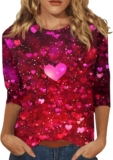Valentine Shirts for Women Casual Round Neck 3/4 Sleeve Heart Print Shirt Valentine’s Day Heart Fan