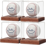 JupDec Baseball Display Case 4 Pack, Clear Cube Baseball Holder with Wooden Base, Autograph Baseball Stand Box for Single Ball, Brown