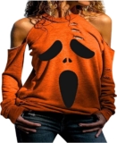 Halloween Shirts for Women Sexy Cold Shoulder Tops Horror Ghost Pumpkin Face Halloween Costumes Oversized Sweatshirts