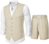 MY’S Men’s 2-Piece Linen Vest Pants, Lightweight Waistcoat Shorts, Casual Beach Summer Wedding Prom Homecoming Outfit