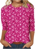 Valentines Day Shirts for Women Love Heart Graphic Tees 3/4 Length Sleeve Crewneck Pullovers Cute 3d Print Tunic Tops