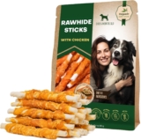 Dog Rawhide Sticks Wrapped with Chicken & Pet Natural Chew Treats – Grain Free Meat & Human Grade Dried Snacks in Bulk – Best Twists for Training Small & Large Dogs – Made for USA (Sticks)