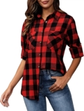 siliteelon Flannel Shirt Women Plaid Shirts Button Down Long Sleeve Oversized Cotton Boyfriend Casual Roll Up Blouse Tops