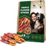 Triple Flavor Dog Rawhide Treats – Duck & Chicken Human Grade Meat – Natural Pet Dried Snacks – Grain Free Long Lasting Chews for Large & Small Dogs – Best Sticks for Healthy Teeth