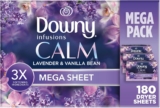 Downy Infusions Mega Dryer Sheets, Laundry Fabric Softener, CALM, Lavender and Vanilla Bean, 180 Count (3 box of 60 sheets)