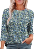 3/4 Length Sleeve Womens Tops Vintage Floral Print Tunic Blouses Trendy Pleated Summer Shirts Casual Loose Fit