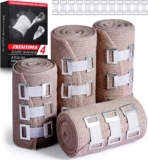 Elastic Bandage Wrap 4 Pack(2 X 3 + 2 X 4 Wide Rolls) + 24 Clips | Stretch Compression Bandage Stretches up to 15ft | Ideal for Medical, Sports, Sprains, Calf, Ankle & Foot