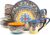 Euro Ceramica Zanzibar Collection 16 Piece Dinnerware Set Kitchen and Dining, Service for 4, Spanish Floral Design, Multicolor, Blue and Yellow