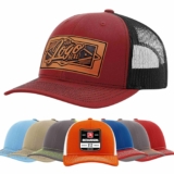 Custom Leather Patch Richardson 112 Trucker Hat for Men & Women – 6 Panel Structured Baseball Cap with Snapback Enclosure (Single, cardinal/black)