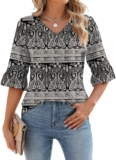LOMON 3/4 Length Sleeve Womens Tops Summer V-Neck Blouses Spring Ruffle Sleeve Tunic T-Shirts Dressy Casual